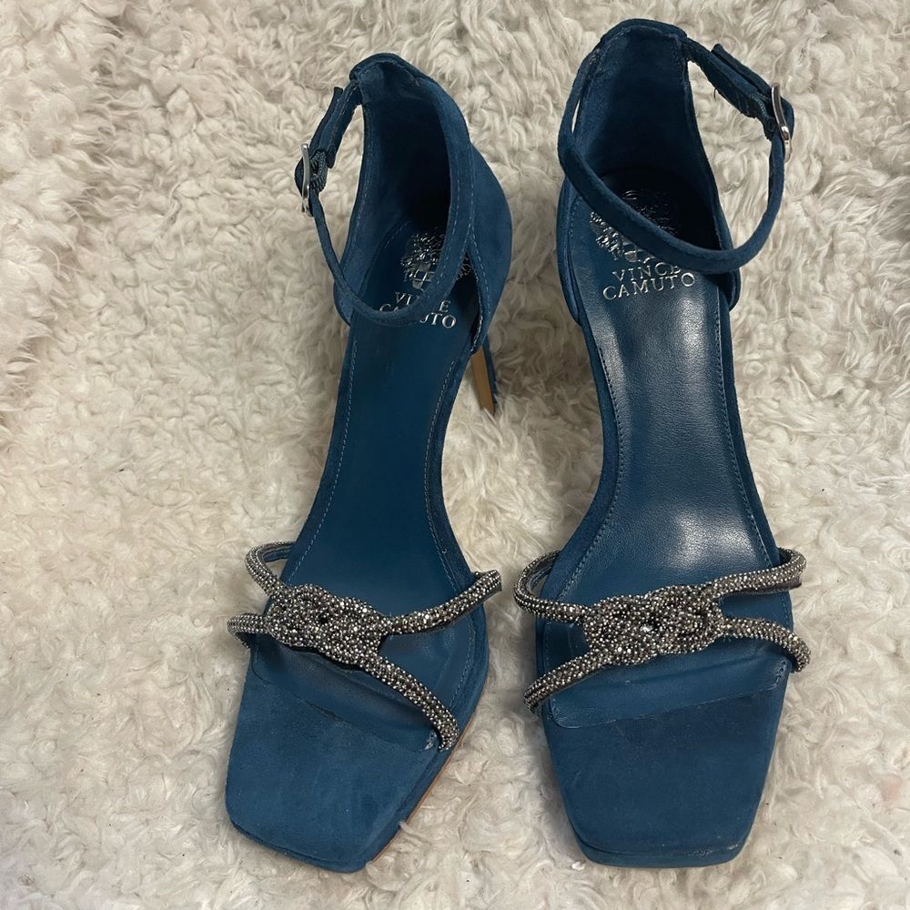 Vince Camuto Klaresia leather suede Teal blue Heels Silver stones Accents SZ9M